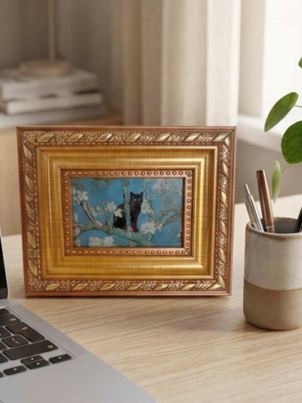 Handmade Mini Framed Print - Van Gogh Almond Blossoms Black Cat 4.75x3.75"